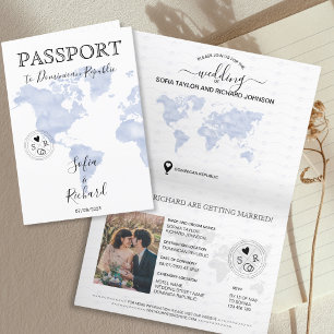 Invitation Mariage moderne Destination Passport Blue World Ma