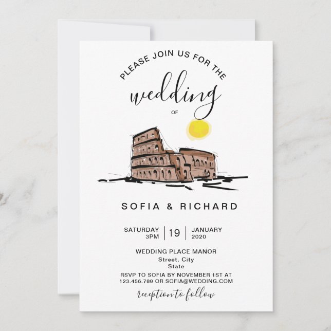 Invitation Mariage moderne Destination Rome Italie Colisée (Devant)