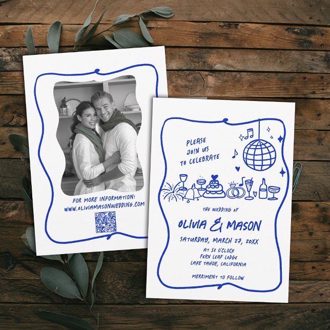 Invitation Mariage moderne Doodle bleu gigogne (hand drawn wedding invitation doodle illustration squiggle wavy frame modern funky unique blue)