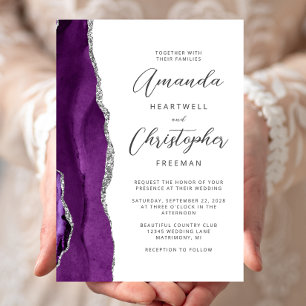 Invitation Mariage Moderne Écriture Agate Argent Violet