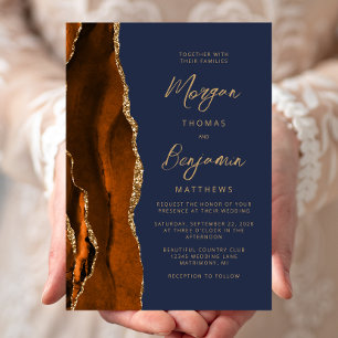 Invitation Mariage Moderne Écriture Orange Brûlé Agate Bleu N