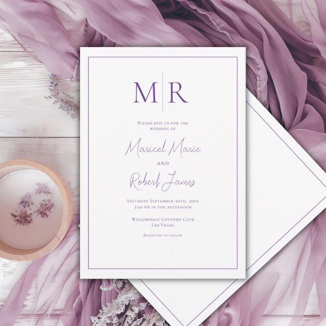Invitation Mariage Moderne Élégant à Monogramme Violet (Créateur téléchargé)