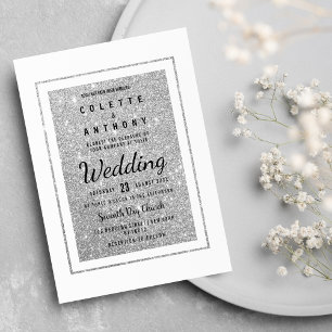 Invitation Mariage moderne élégant blanc argent parties scint