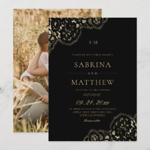Invitation Mariage Moderne & Élégant en Dentelle Noire 