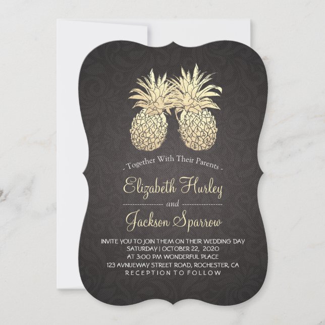 Invitation Mariage moderne Élégant Noir Or Ananas Couple (Devant)