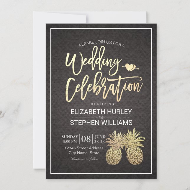 Invitation Mariage moderne Élégant Or Huile d'ananas Couple (Devant)
