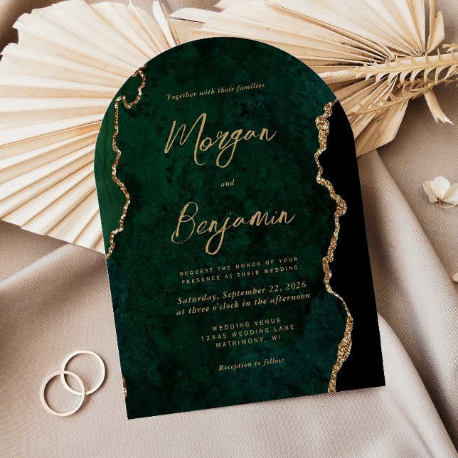 Invitation Mariage moderne Emerald Green Agate Script Arch (Créateur téléchargé)