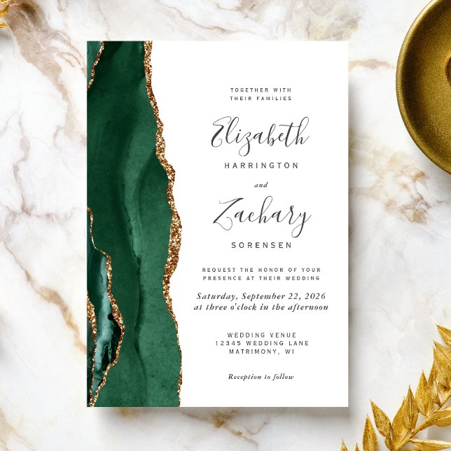 Invitation Mariage moderne Emerald Green Gold Agate (Créateur téléchargé)