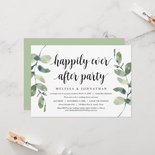 Invitation Mariage moderne en fuite, eucalyptus verdure (Devant/Arrière en situation)