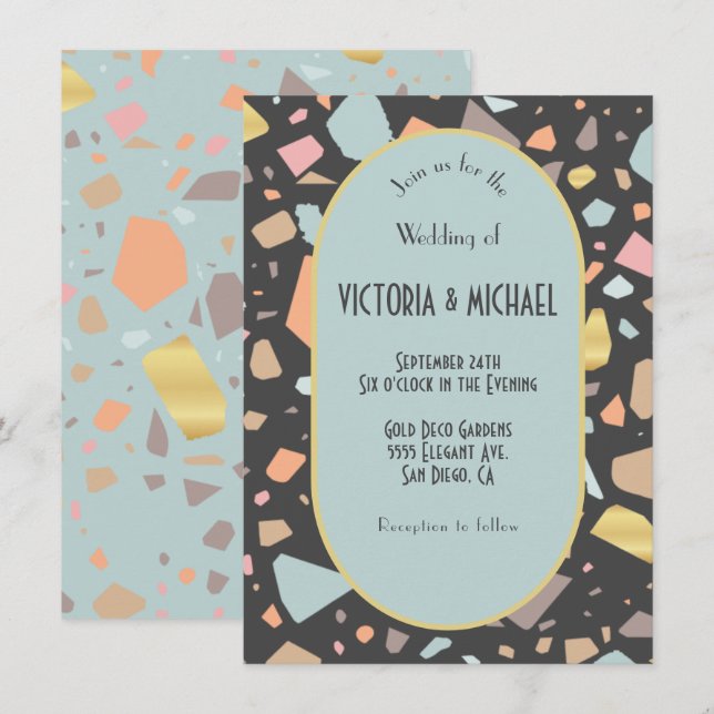 Invitation Mariage moderne en laiton Terrazzo (Devant / Derrière)