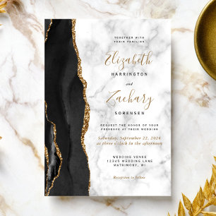 Invitation Mariage moderne en marbre d'Agate Black Gold