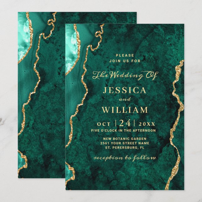 Invitation Mariage moderne en marbre vert or (Devant / Derrière)