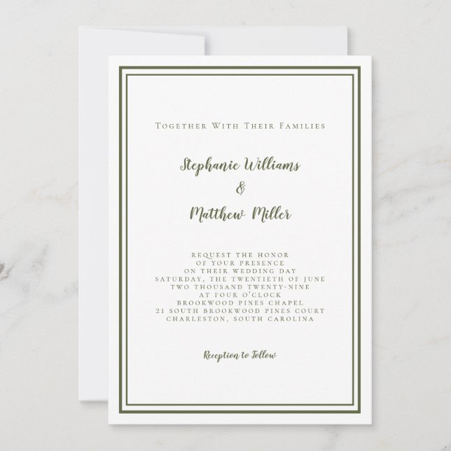 Invitation Mariage moderne et RSVP QR Code Détails Olive Gree (Devant)