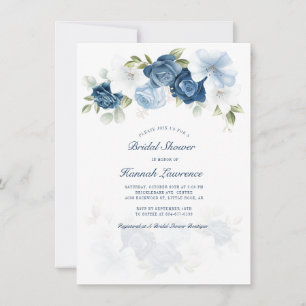 Invitation Mariage Moderne Fleurs Bleu Poussiéreux Shower de