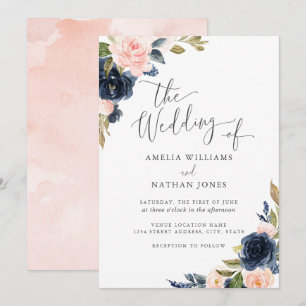 Invitation Mariage Moderne Floral Aquarelle Bleu Marine