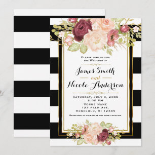 Invitation Mariage moderne floral glamour rayures noires et b