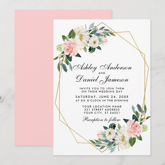 Invitation Mariage moderne Floral rose or géométrique  Pk (Devant / Derrière)