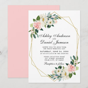 Invitation Mariage moderne Floral rose or géométrique Pk