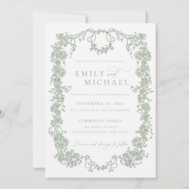 Invitation Mariage moderne français victorien Sage vert photo (Devant)