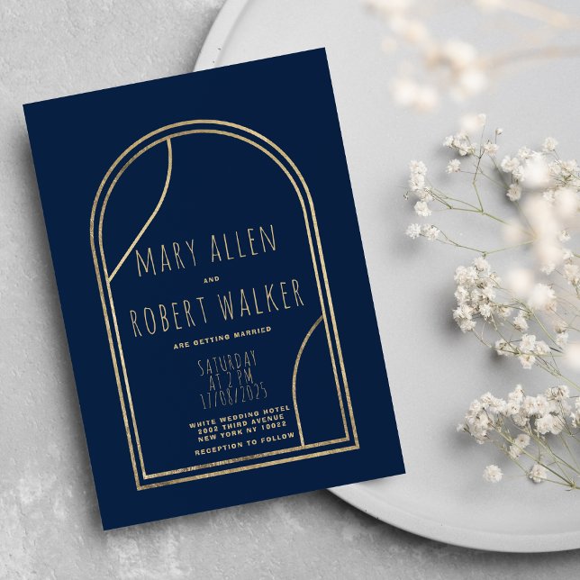 Invitation Mariage moderne géométrique marine bleu or classe (Geometric modern navy blue gold classy wedding)