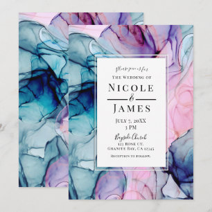 Invitation Mariage Moderne Glamour Encre Violet Rose Turquois