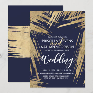 Invitation Mariage moderne Gold Brushstrokes Navy Blue Chic