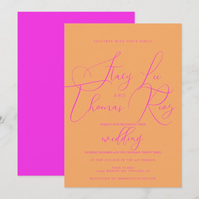 Invitation Mariage Moderne Gras Rose Orange Script  (Devant / Derrière)