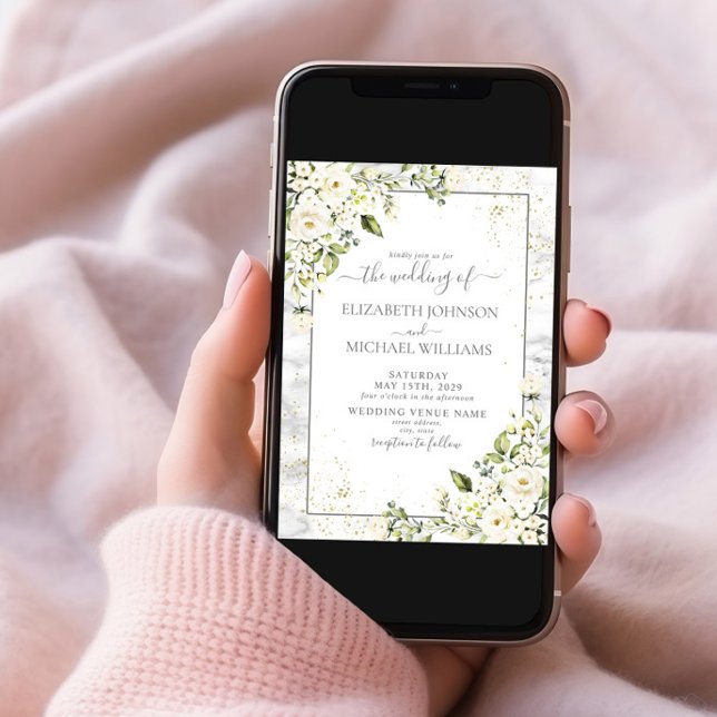 Invitation Mariage moderne gris clair blanc floral or marbre  (Créateur téléchargé)