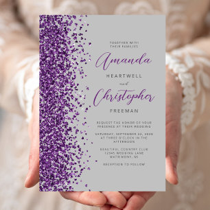 Invitation Mariage Moderne Gris Paillettes Violettes Script