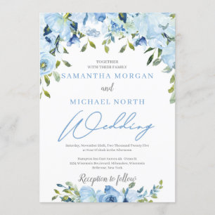Invitation mariage moderne hivernal floral bleu Dusty