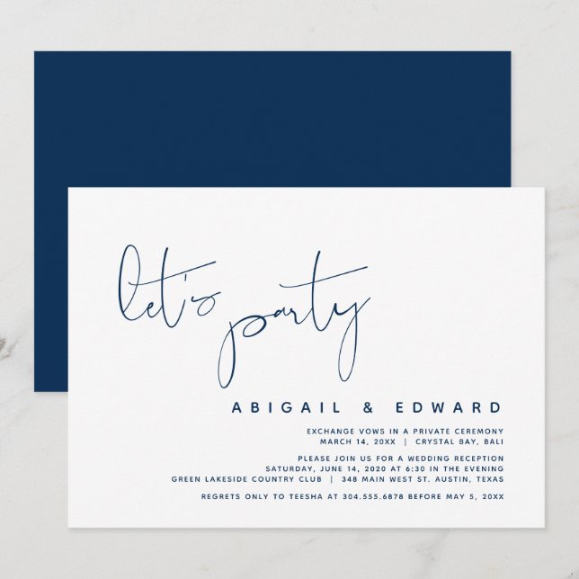 Invitation Mariage Moderne Intime, Faisons la Fête, Bleu Nuit (Devant / Derrière)