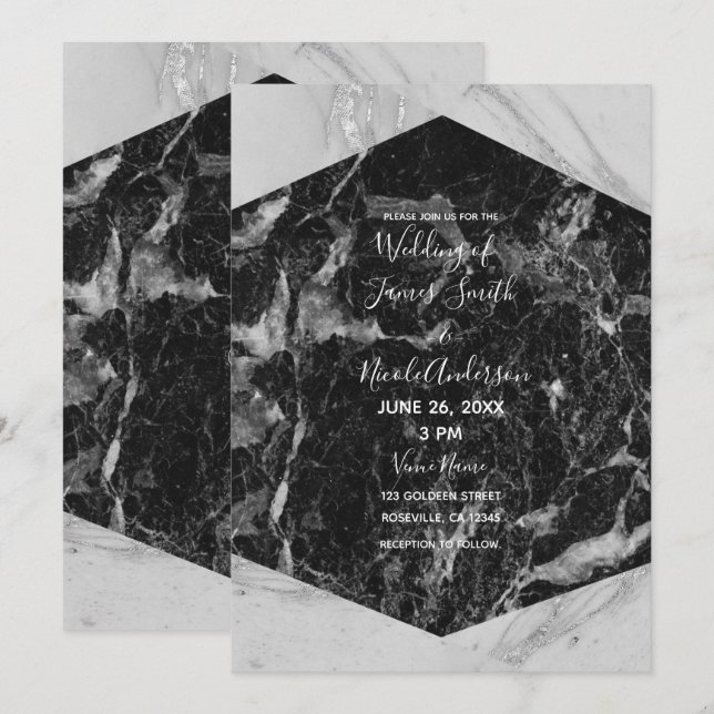 Invitation Mariage Moderne Marbre Noir Blanc & Argent Glamour (Devant / Derrière)