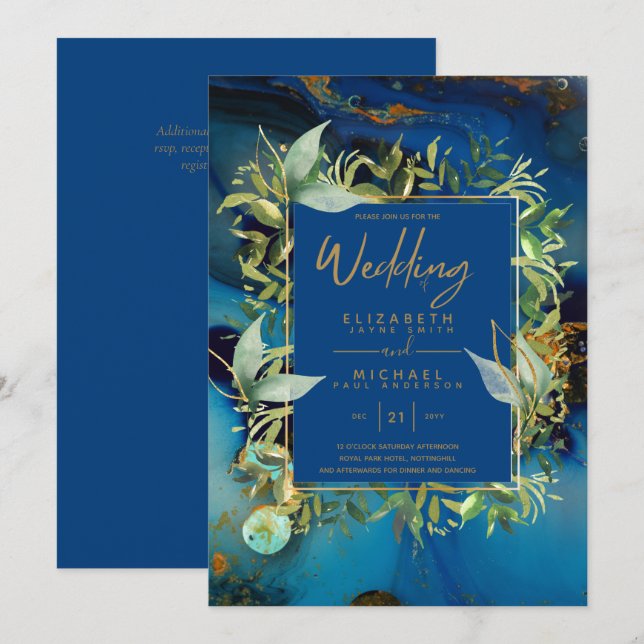 Invitation Mariage moderne Midnight Blue Gold Greenery (Devant / Derrière)