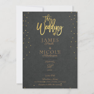 Invitation Mariage Moderne Minimaliste Gris Feuille D'or Phot