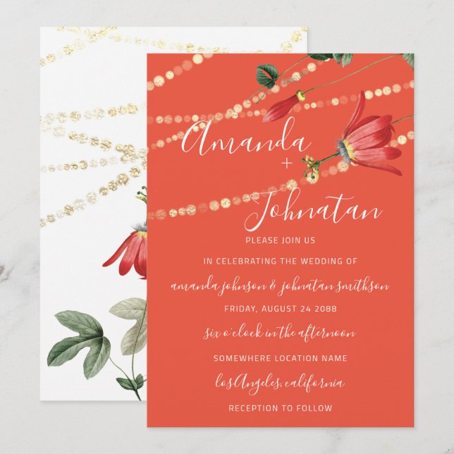 Invitation Mariage Moderne Monogramme Coral Blanc Lumières Or (Devant / Derrière)