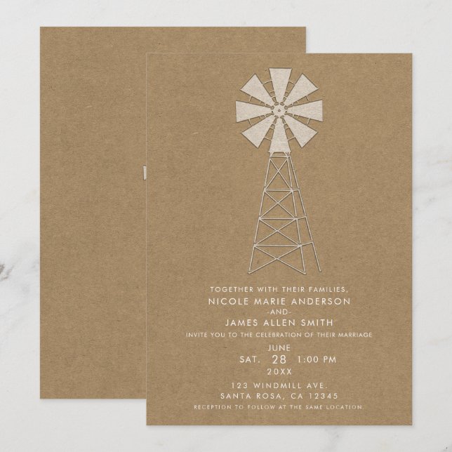 Invitation Mariage Moderne Moulin à Vent Kraft Marron Rustiqu (Devant / Derrière)