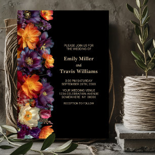 Invitation Mariage Moderne Noir aux Fleurs Violettes et Orang