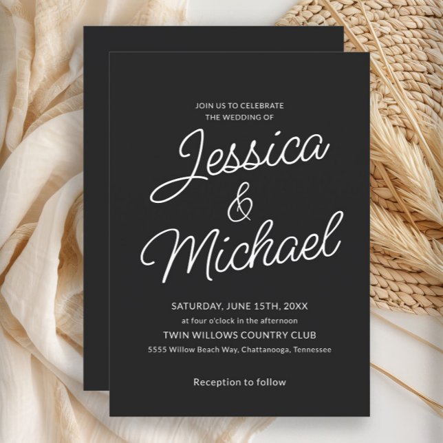 Invitation Mariage Moderne Noir Blanc Script  (Black and white wedding invitation)