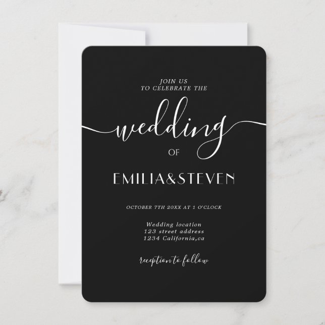 Invitation Mariage moderne noir blanc script photo initiales (Devant)