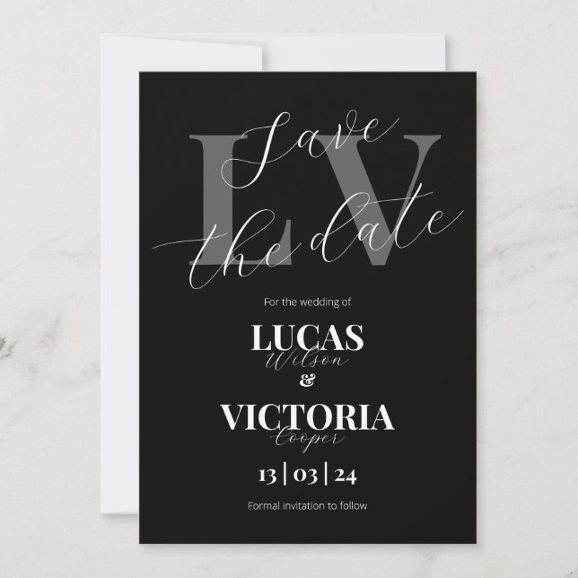 Invitation Mariage moderne noir et blanc enregistrer la date (Devant)
