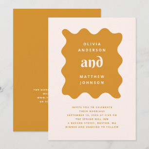 Invitation Mariage Moderne Ocre Doré Vague Moutarde + Code