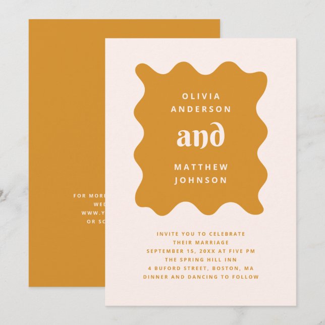 Invitation Mariage Moderne Ocre Doré | Vague Moutarde + Code  (Devant / Derrière)