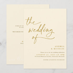 Invitation Mariage Moderne Or et Crème avec Écriture Manuscri