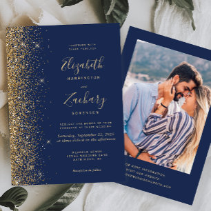 Invitation Mariage Moderne Or Paillettes Photo Bleu Nuit