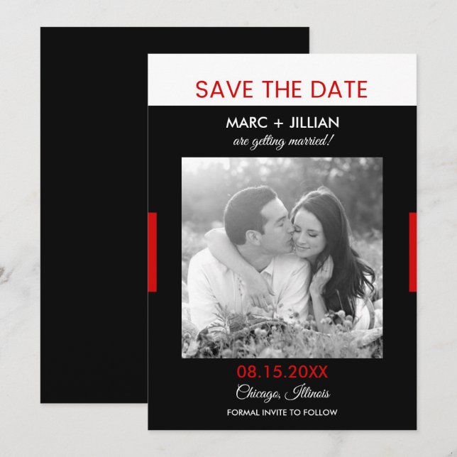 Invitation Mariage Moderne Photo Noir et Rouge Enregistrez la (Devant / Derrière)