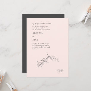 Invitation Mariage Moderne Rose & Gris au feuillage au crayon