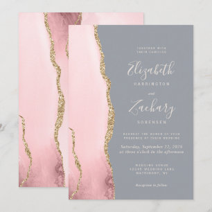 Invitation Mariage Moderne Rose Pâle Or Agate Gris