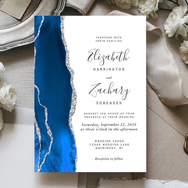 Invitation Mariage Moderne Royal Bleu Agate Argent (Créateur téléchargé)