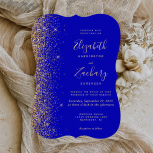Invitation Mariage Moderne Royal Bleu Paillettes Dorées Suppo