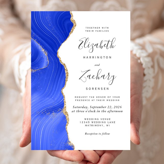 Invitation Mariage moderne Royal Blue Gold Agate (Créateur téléchargé)